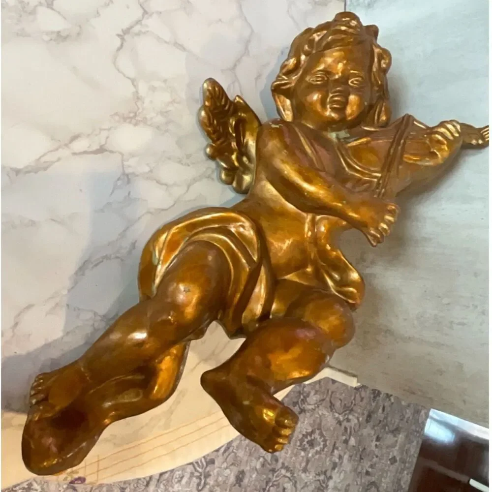 Beautiful gold painted large size cherub with violin Hollywood glam